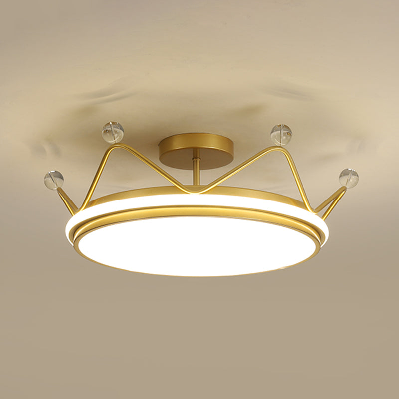 Crown Shaped Childrens Room Flush Ceiling Light Metal Cartoon LED Flush Mount Fixture Gold 23.5