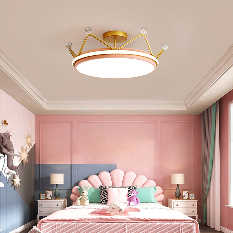 Crown Shaped Childrens Room Flush Ceiling Light Metal Cartoon LED Flush Mount Fixture Pink 19.5