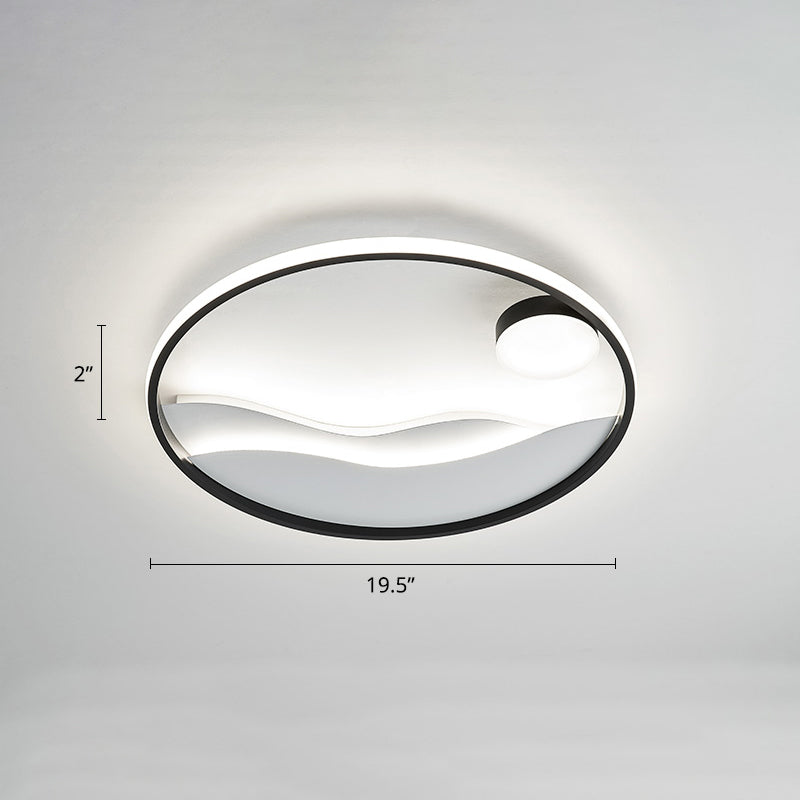 Sunrise and Sea Ceiling Light Artistic Metal Bedroom LED Flush Mount with Halo Ring Black-White 19.5