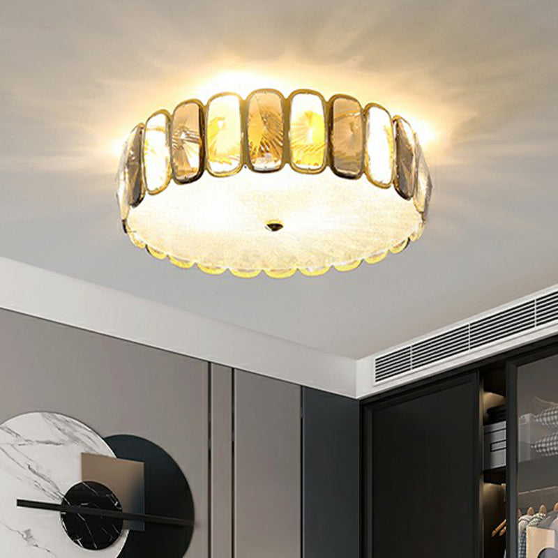 Postmodern Drum Ceiling Flush Light Fixture Smoky and Amber Crystal Living Room LED Flush Mount in Brass Brass 16