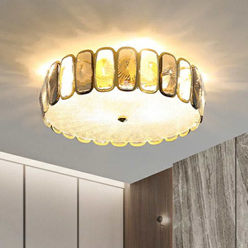 Postmodern Drum Ceiling Flush Light Fixture Smoky and Amber Crystal Living Room LED Flush Mount in Brass Brass 20