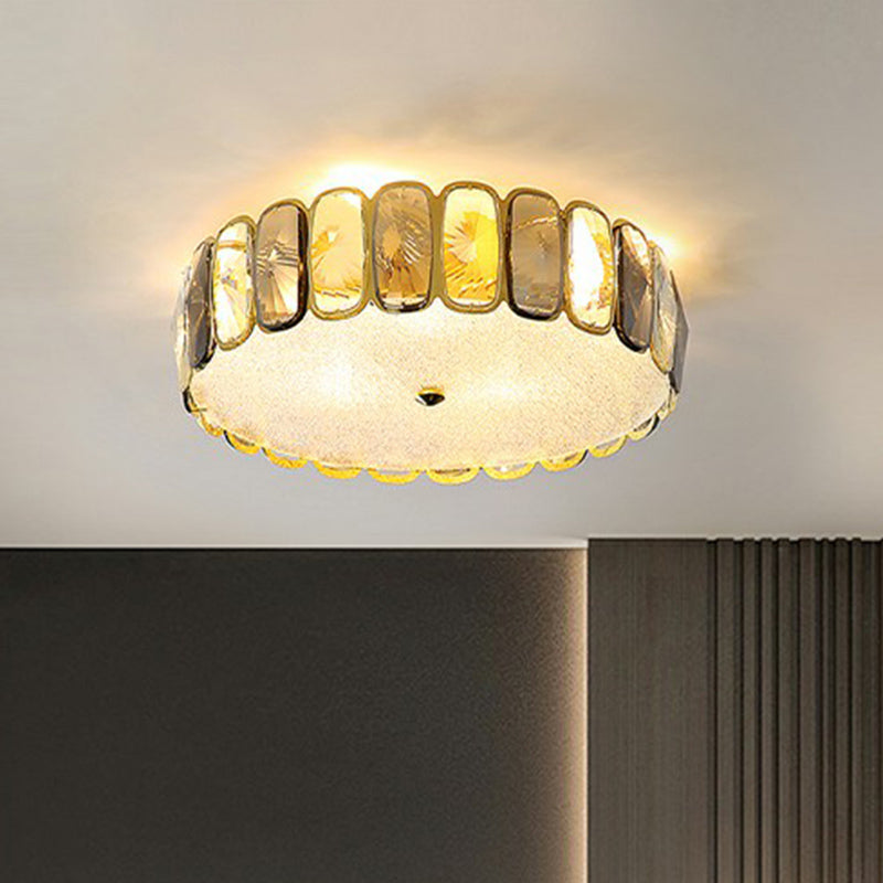 Postmodern Drum Ceiling Flush Light Fixture Smoky and Amber Crystal Living Room LED Flush Mount in Brass Brass 23.5