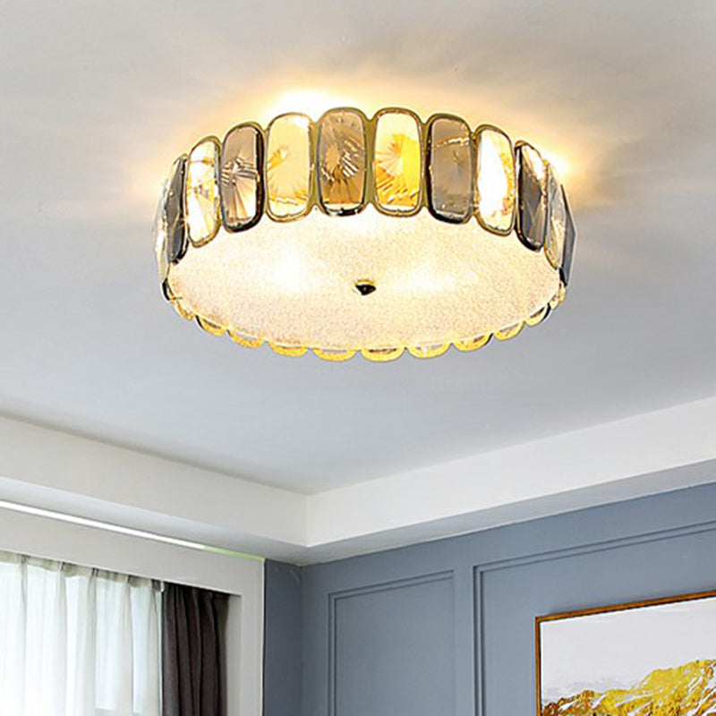 Postmodern Drum Ceiling Flush Light Fixture Smoky and Amber Crystal Living Room LED Flush Mount in Brass Brass 31.5