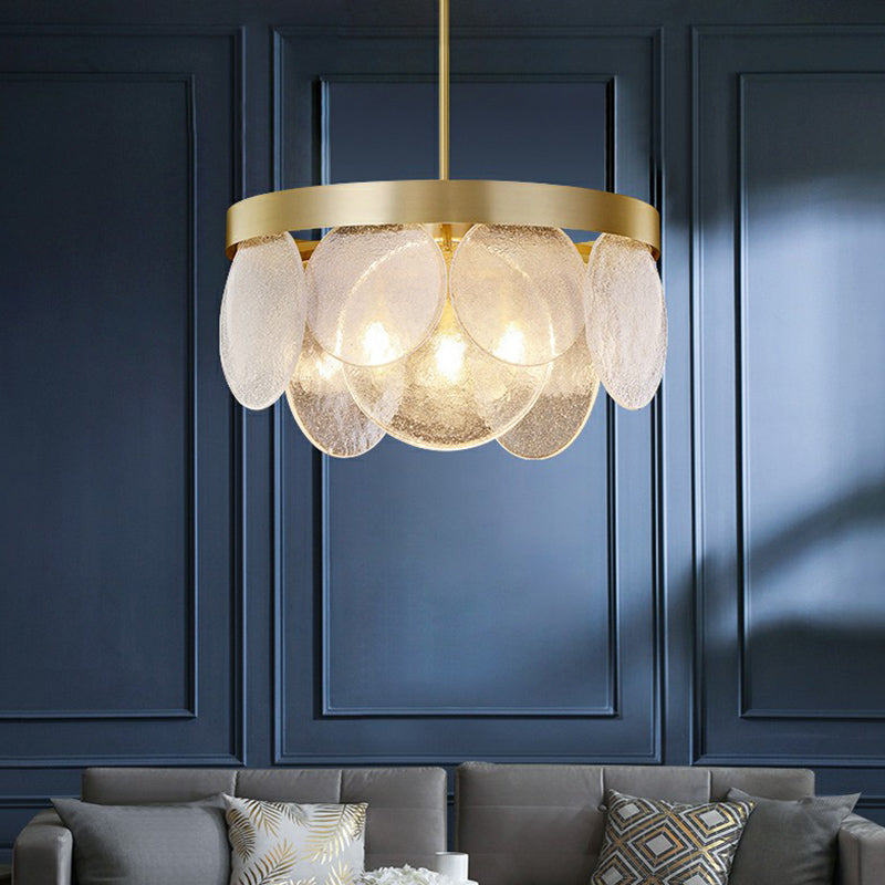 Postmodern Disc Pendant Light Seeded Glass 3-Light Living Room Chandelier in Brass Clearhalo 'Ceiling Lights' 'Chandeliers' 'Modern Chandeliers' 'Modern' Lighting' 2424442