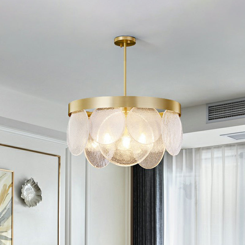 Postmodern Disc Pendant Light Seeded Glass 3-Light Living Room Chandelier in Brass Clearhalo 'Ceiling Lights' 'Chandeliers' 'Modern Chandeliers' 'Modern' Lighting' 2424445