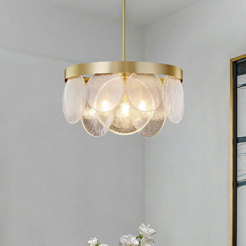 Postmodern Disc Pendant Light Seeded Glass 3-Light Living Room Chandelier in Brass Clearhalo 'Ceiling Lights' 'Chandeliers' 'Modern Chandeliers' 'Modern' Lighting' 2424446