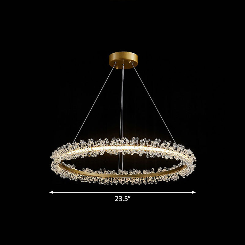 Simplicity Circle LED Chandelier Crystal Beads Living Room Pendant Lighting Fixture Gold 23.5