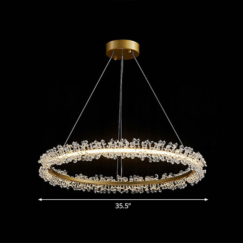 Simplicity Circle LED Chandelier Crystal Beads Living Room Pendant Lighting Fixture Gold 35.5