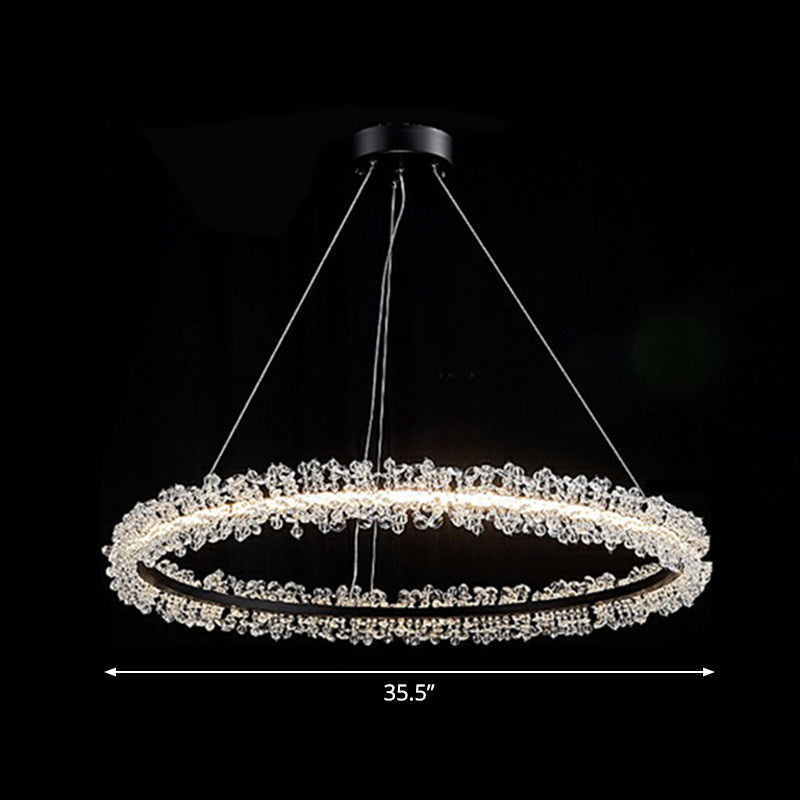 Simplicity Circle LED Chandelier Crystal Beads Living Room Pendant Lighting Fixture Black 35.5