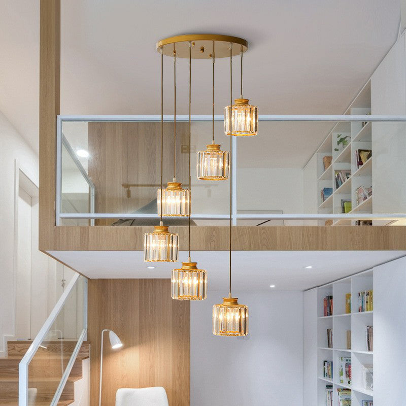 Postmodern Cylindrical Pendant Lamp Prismatic Crystal Stairway Multi Light Chandelier Clearhalo 'Ceiling Lights' 'Modern Pendants' 'Modern' 'Pendant Lights' 'Pendants' Lighting' 2424547