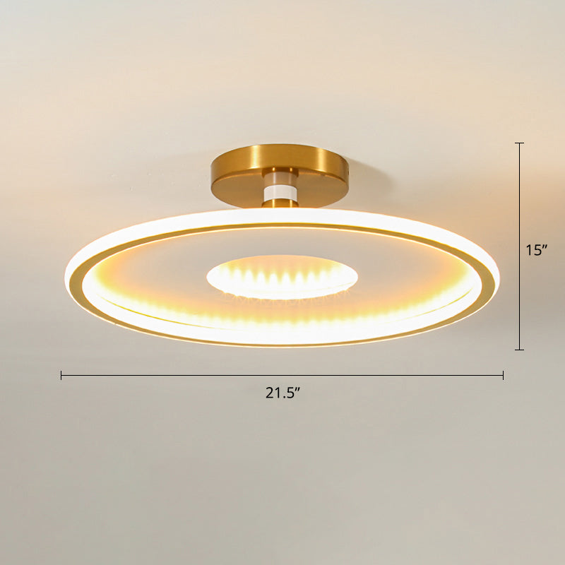 Disc Semi Flush Ceiling Light Simplicity Metal Bedroom LED Flush Mount Lighting Fixture White-Gold 21.5