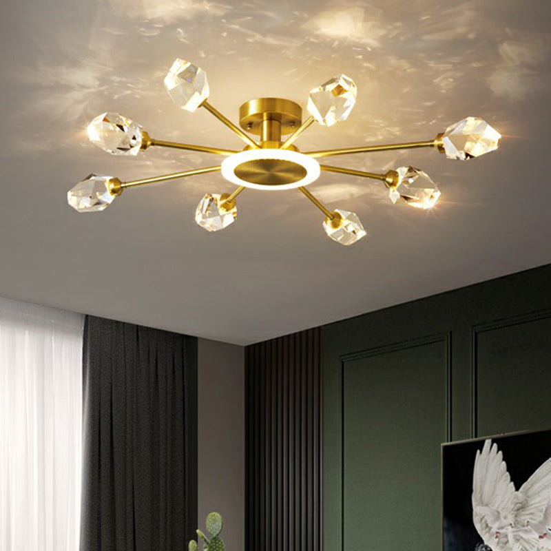 Gold Radial Semi Mount Lighting Postmodern Crystal Block LED Ceiling Light for Bedroom 9 Gold Clearhalo 'Ceiling Lights' 'Close To Ceiling Lights' 'Close to ceiling' 'Semi-flushmount' Lighting' 2424779