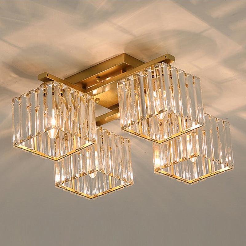 Cubic Semi Flush Ceiling Light Modern Crystal Bedroom Flush Mount Lighting Fixture 4 Gold Clearhalo 'Ceiling Lights' 'Close To Ceiling Lights' 'Close to ceiling' 'Flush mount' Lighting' 2424794