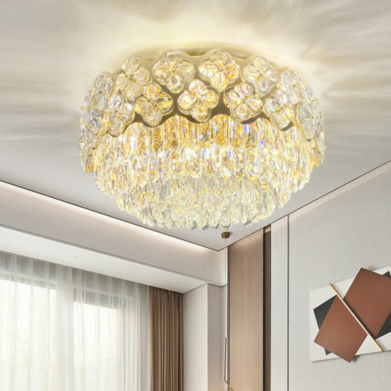 Drum Shaped Bedroom Ceiling Light Opulent Crystal 3-Light Minimalist Flush Mount Light in Clear Clear 19.5