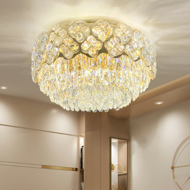 Drum Shaped Bedroom Ceiling Light Opulent Crystal 3-Light Minimalist Flush Mount Light in Clear Clear 23.5