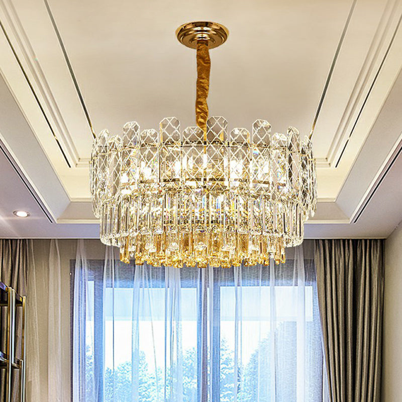 Simple Style Drum Chandelier Rectangular-Cut Crystal 9-Bulb Bedroom Ceiling Lighting in Clear Clear Clearhalo 'Ceiling Lights' 'Chandeliers' 'Clear' 'Industrial' 'Modern Chandeliers' 'Modern' 'Tiffany' 'Traditional Chandeliers' Lighting' 2424851