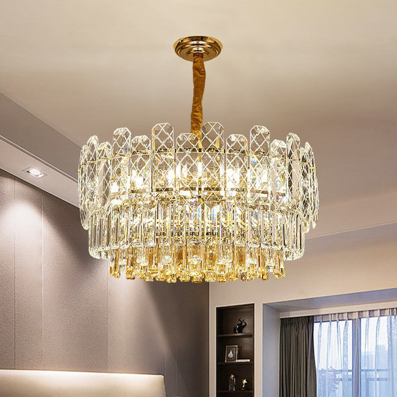 Simple Style Drum Chandelier Rectangular-Cut Crystal 9-Bulb Bedroom Ceiling Lighting in Clear Clearhalo 'Ceiling Lights' 'Chandeliers' 'Clear' 'Industrial' 'Modern Chandeliers' 'Modern' 'Tiffany' 'Traditional Chandeliers' Lighting' 2424852