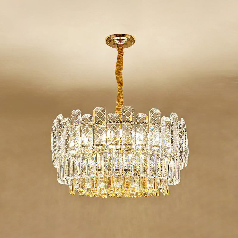 Simple Style Drum Chandelier Rectangular-Cut Crystal 9-Bulb Bedroom Ceiling Lighting in Clear Clearhalo 'Ceiling Lights' 'Chandeliers' 'Clear' 'Industrial' 'Modern Chandeliers' 'Modern' 'Tiffany' 'Traditional Chandeliers' Lighting' 2424853