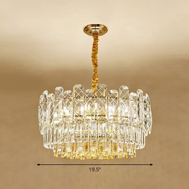 Simple Style Drum Chandelier Rectangular-Cut Crystal 9-Bulb Bedroom Ceiling Lighting in Clear Clearhalo 'Ceiling Lights' 'Chandeliers' 'Clear' 'Industrial' 'Modern Chandeliers' 'Modern' 'Tiffany' 'Traditional Chandeliers' Lighting' 2424855