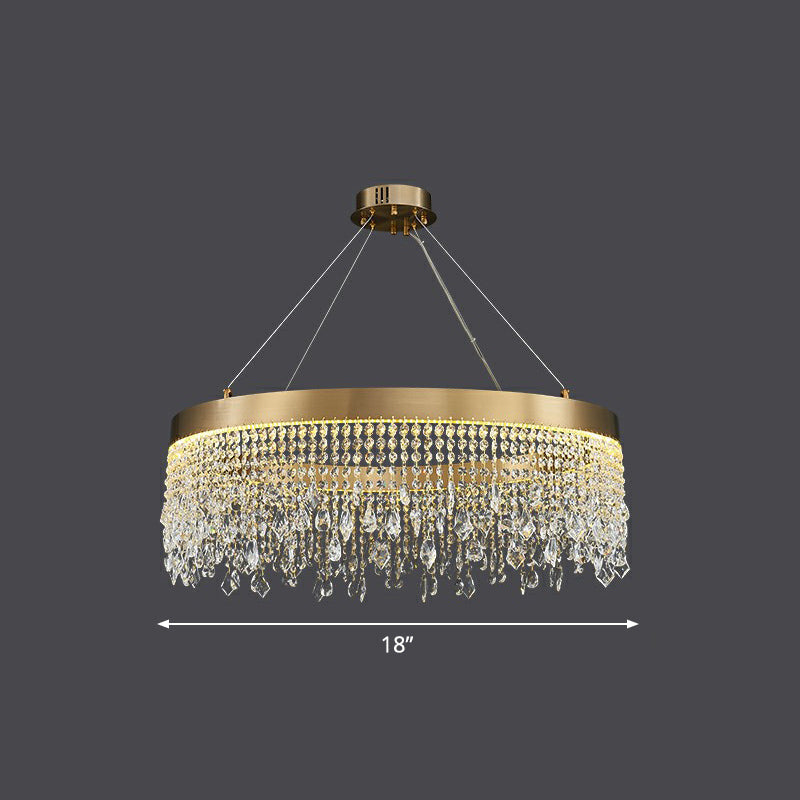 Stainless Steel Ring Shaped Pendant Lamp Postmodern Gold LED Chandelier with Draping Crystals Gold 18