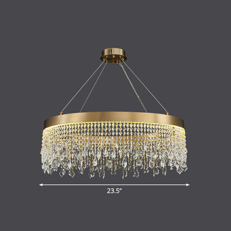 Stainless Steel Ring Shaped Pendant Lamp Postmodern Gold LED Chandelier with Draping Crystals Gold 23.5