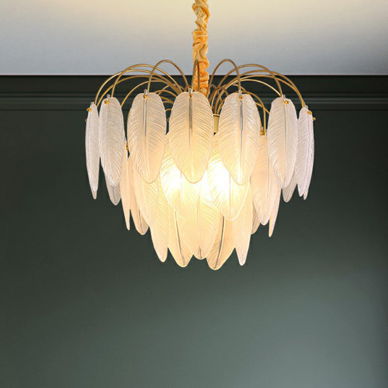 Handmade White Glass Leaf Pendant Light Modern Style Gold Finish Hanging Chandelier Clearhalo 'Ceiling Lights' 'Chandeliers' 'Modern Chandeliers' 'Modern' Lighting' 2424879