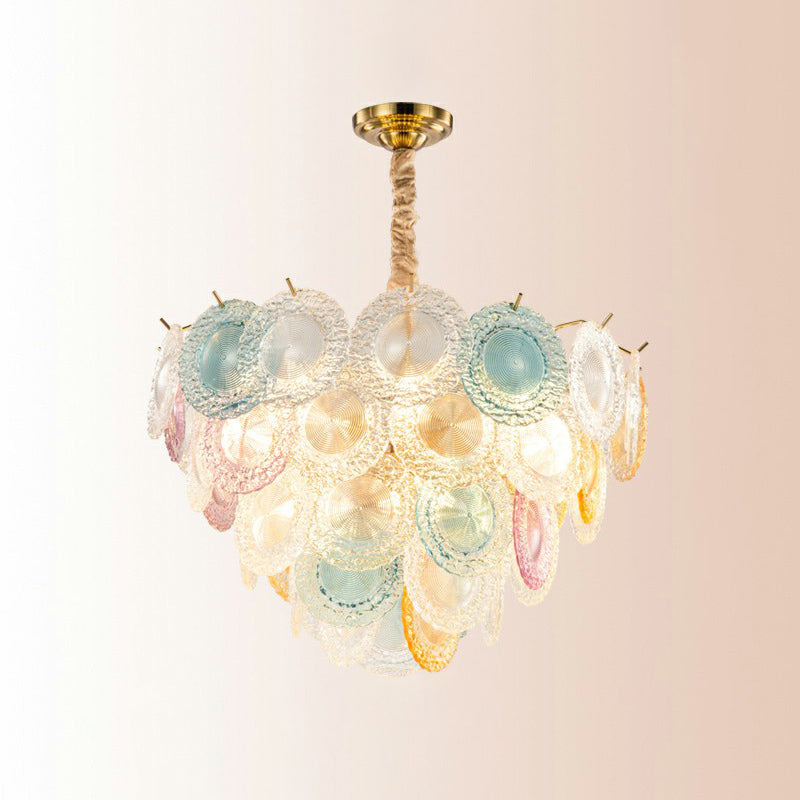 Multi-Colored Glass Discs Chandelier Modern Stylish 10-Light Pendant Ceiling Light for Bedroom Clearhalo 'Ceiling Lights' 'Chandeliers' 'Glass shade' 'Glass' 'Modern Chandeliers' 'Modern' 'Pendant Lights' Lighting' 2424885