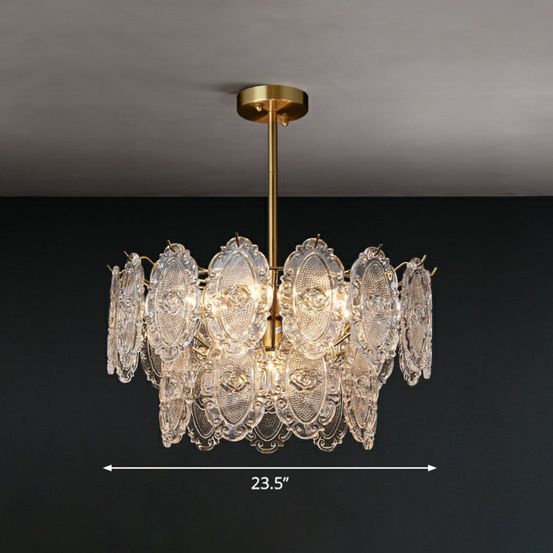 Carved Glass Tiered Pendant Lighting Postmodern Gold Finish Chandelier for Dining Room 9 Gold Clearhalo 'Ceiling Lights' 'Chandeliers' 'Modern Chandeliers' 'Modern' Lighting' 2424905