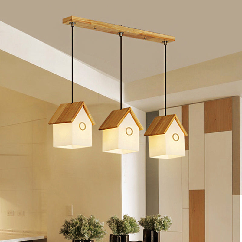 Wood and Glass House Hanging Light Asian Style Pendant Light in White for Kitchen Foyer Clearhalo 'Ceiling Lights' 'Pendant Lights' 'Pendants' Lighting' 242620