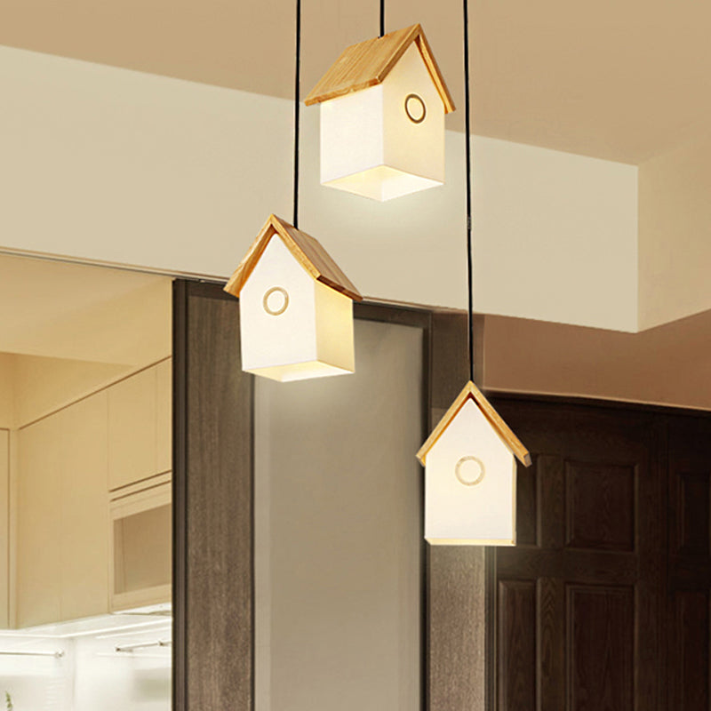 Wood and Glass House Hanging Light Asian Style Pendant Light in White for Kitchen Foyer Clearhalo 'Ceiling Lights' 'Pendant Lights' 'Pendants' Lighting' 242621