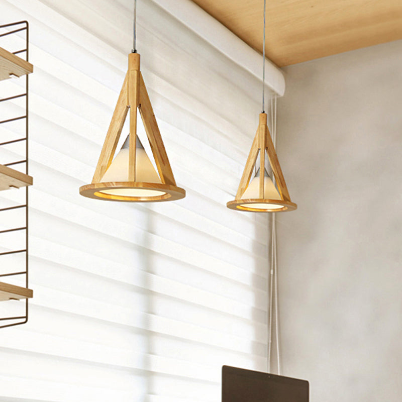 Modern Cone Pendant Light Wood & Frosted Glass Hanging Light in Beige for Coffee Shop Clearhalo 'Ceiling Lights' 'Pendant Lights' 'Pendants' Lighting' 242626