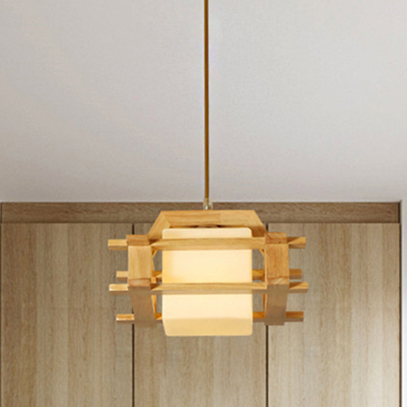 Contemporary Cube Suspension Light with Wood Guard Glass 1 Light Beige Pendant Light for Bedroom Clearhalo 'Ceiling Lights' 'Pendant Lights' 'Pendants' Lighting' 242630