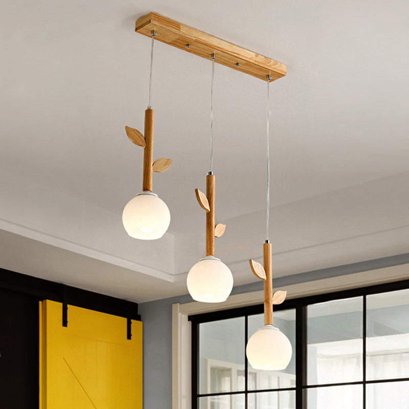 Rustic Style White Pendant Lamp Flower Shape 3 Lights Glass Ceiling Pendant with Wood Leaf for Kitchen Clearhalo 'Ceiling Lights' 'Pendant Lights' 'Pendants' Lighting' 242631