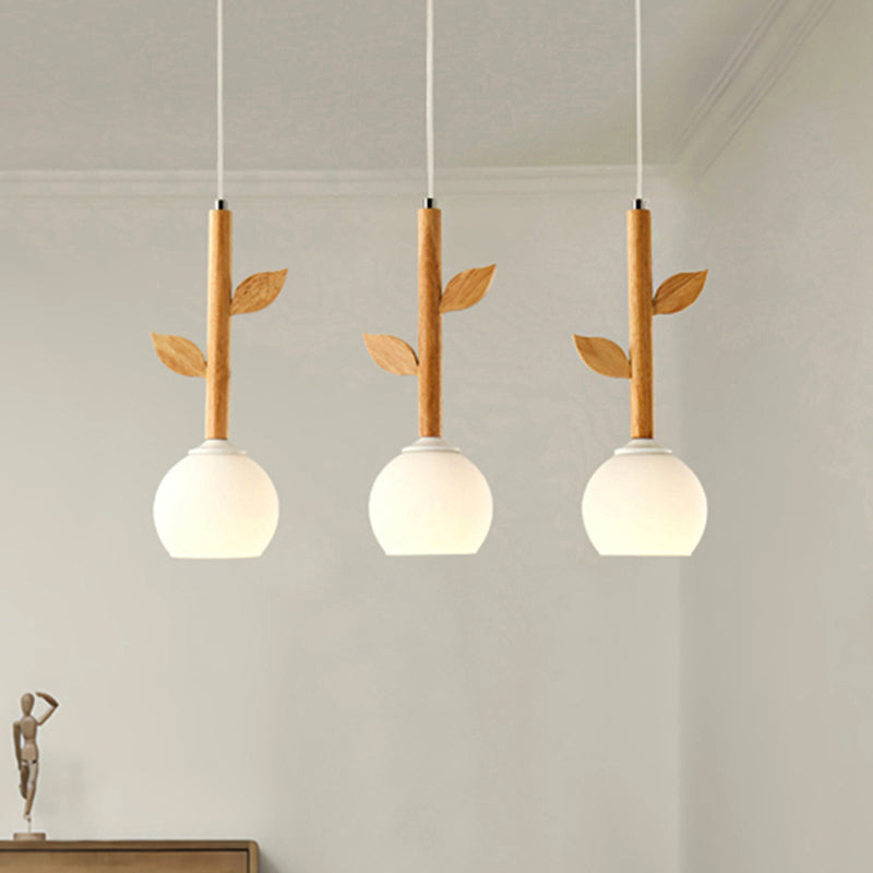 Rustic Style White Pendant Lamp Flower Shape 3 Lights Glass Ceiling Pendant with Wood Leaf for Kitchen Clearhalo 'Ceiling Lights' 'Pendant Lights' 'Pendants' Lighting' 242632