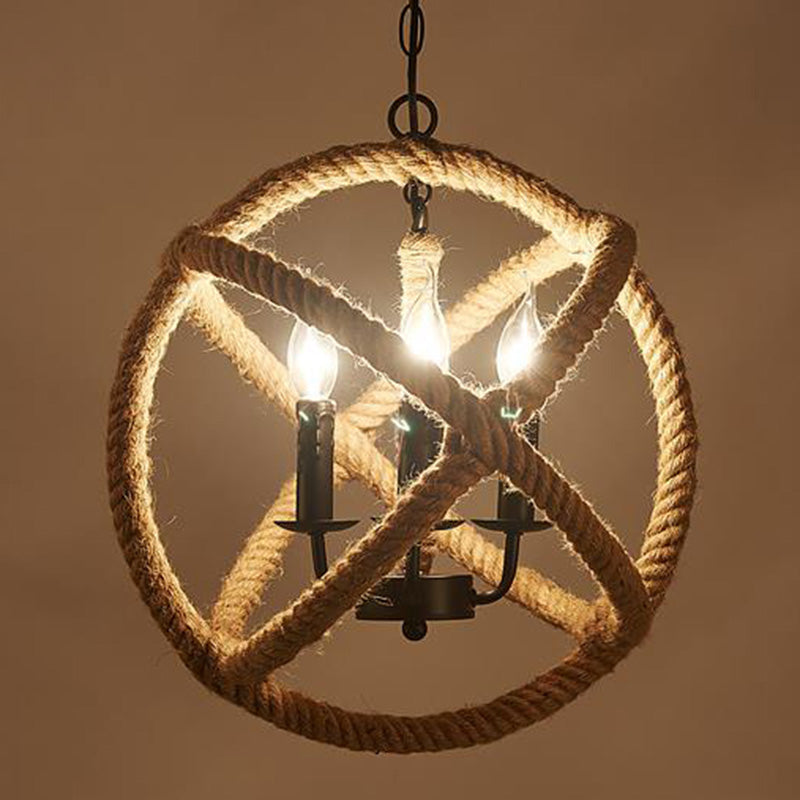 Hemp Rope Yellow Chandelier Light Orbit Globe 3-Light 14