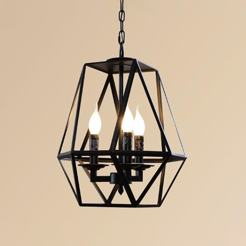 Black Geometric Chandelier Lamp Traditional Metal 3/4 Light Living Room Hanging Light 3 Black Clearhalo 'Ceiling Lights' 'Chandeliers' Lighting' 2426622