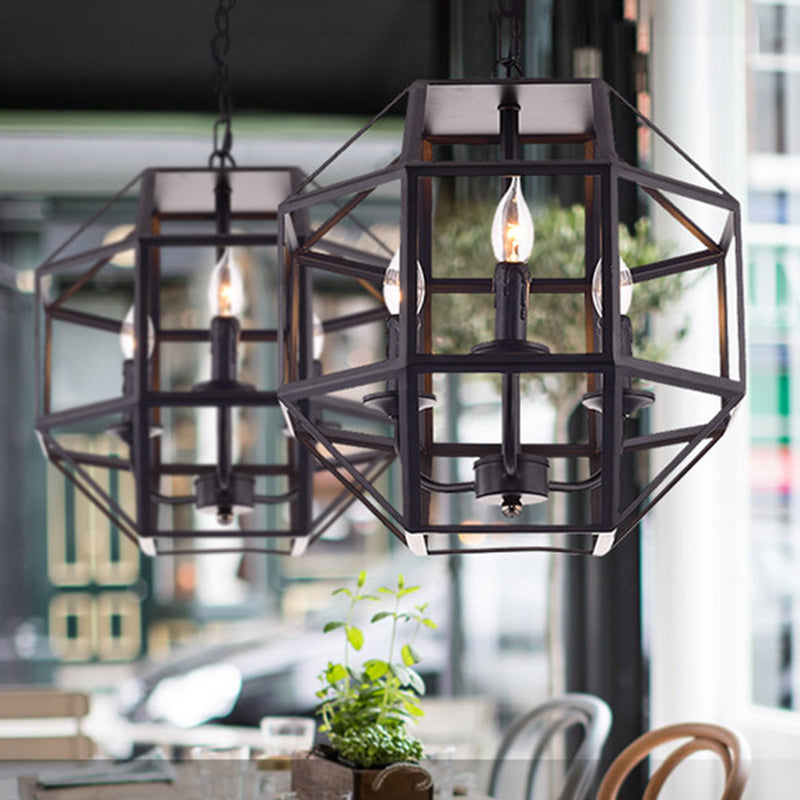 Metal Geometric Hanging Chandelier Traditional 3 Lights Living Room Pendant Light in Black with/without Shade Clearhalo 'Ceiling Lights' 'Chandeliers' Lighting' 2426634