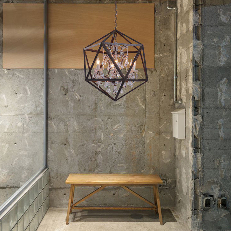 6 Bulbs Geometric Chandelier Light Traditional Rust Metal Hanging Ceiling Fixture with Clear Crystal Drop Rust Clearhalo 'Ceiling Lights' 'Chandeliers' Lighting' 2426636