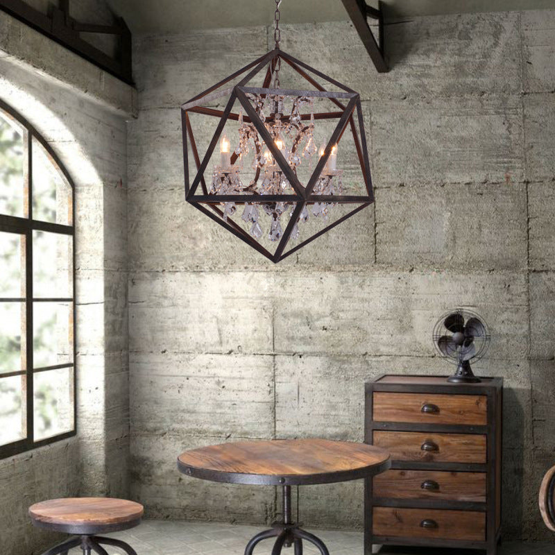 6 Bulbs Geometric Chandelier Light Traditional Rust Metal Hanging Ceiling Fixture with Clear Crystal Drop Clearhalo 'Ceiling Lights' 'Chandeliers' Lighting' 2426638