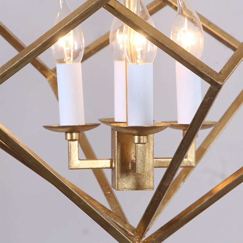 4 Lights Metal Pendant Chandelier Classic Gold Rhombus Living Room Hanging Ceiling Fixture with Candle Shade Clearhalo 'Ceiling Lights' 'Chandeliers' Lighting' 2426682