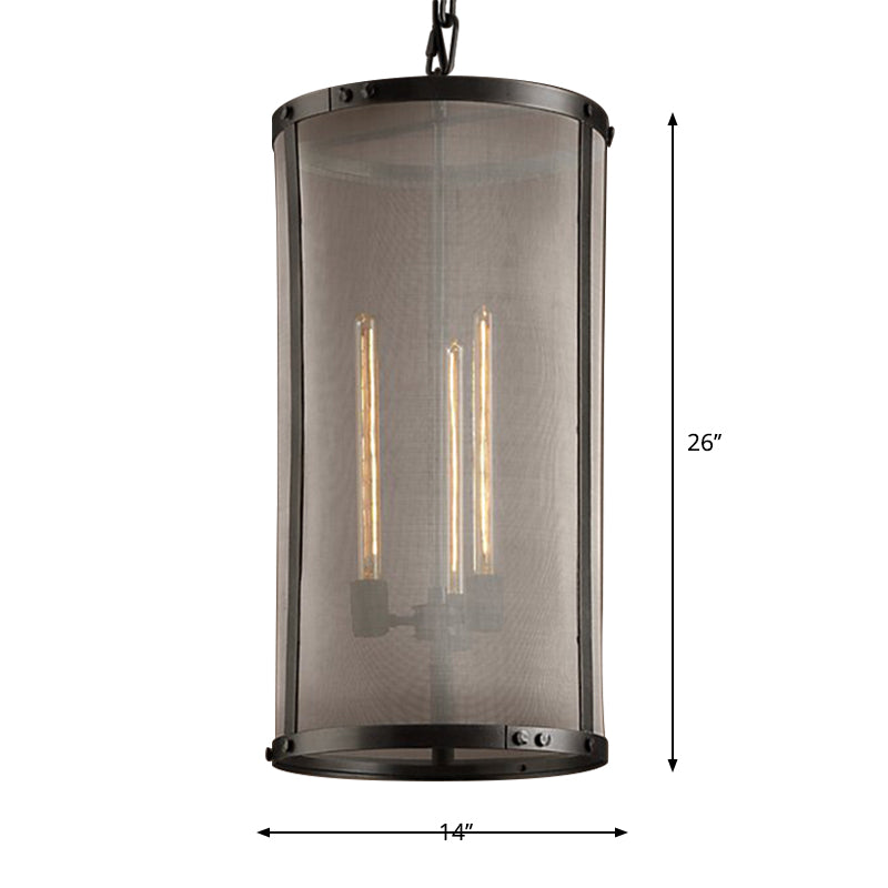 Metal Black Chandelier Lamp Cylindrical Mesh Screen 2/3-Bulb Industrial Pendant Lighting over Table Clearhalo 'Ceiling Lights' 'Chandeliers' Lighting' 2426698