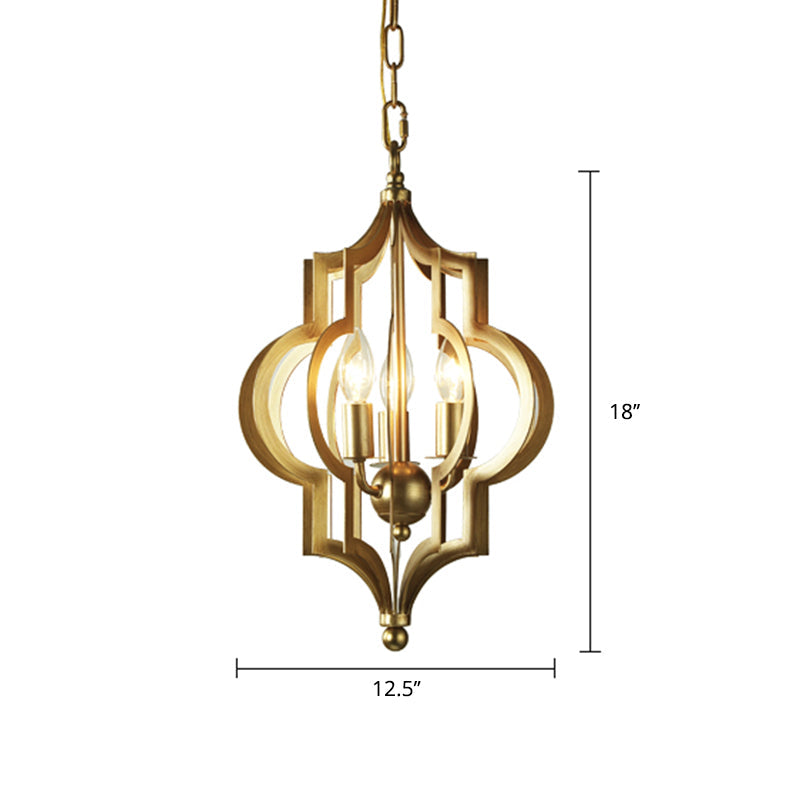 3 Bulbs Candle Chandelier Light Traditional Gold Metal Hanging Ceiling Fixture for Dining Room with Cage, 12.5