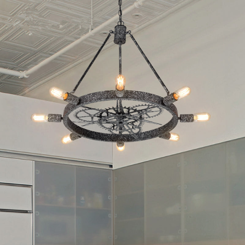 7/8 Bulbs Iron Hanging Chandelier Industrial Black/Silver Gear Wheel Dining Table Suspended Lighting Fixture with Exposed Bulb Design Clearhalo 'Ceiling Lights' 'Chandeliers' Lighting' options 2426780