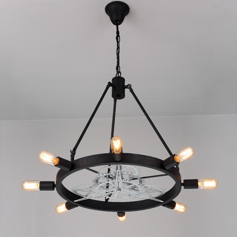 7/8 Bulbs Iron Hanging Chandelier Industrial Black/Silver Gear Wheel Dining Table Suspended Lighting Fixture with Exposed Bulb Design Clearhalo 'Ceiling Lights' 'Chandeliers' Lighting' options 2426782