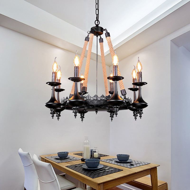 Iron Candle Chandelier Light Fixture Warehouse 6/8 Heads Dining Room Hanging Ceiling Light in Black with Rope Cord Clearhalo 'Ceiling Lights' 'Chandeliers' Lighting' options 2426792