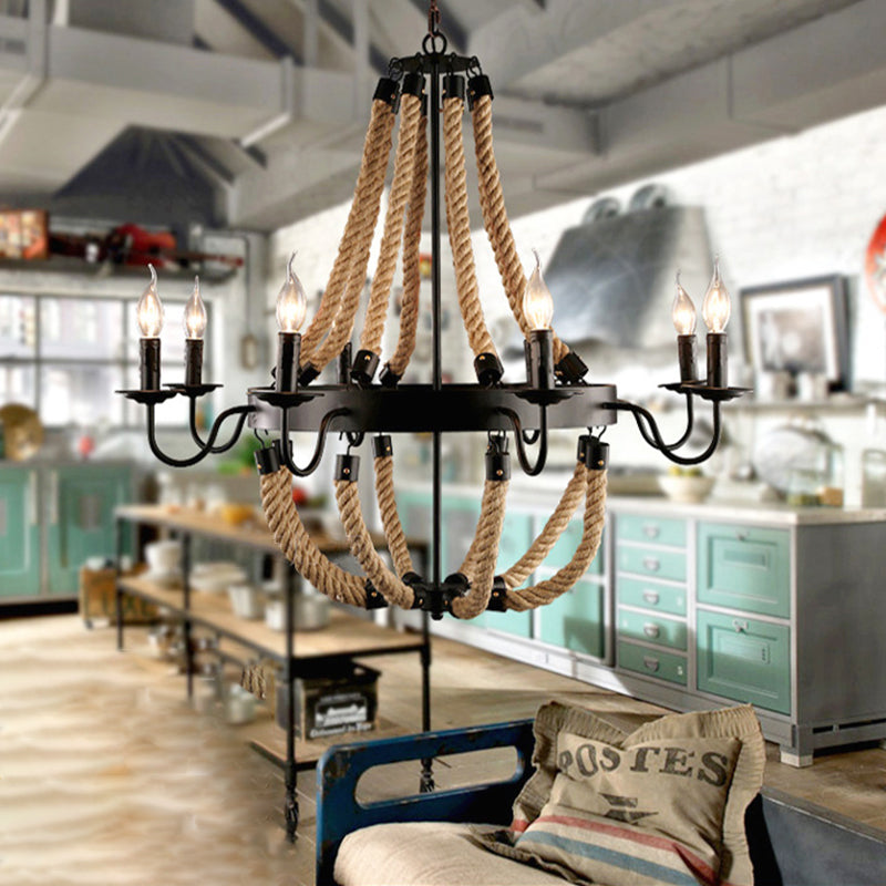 Loft Style Candelabrum Chandelier 8 Bulbs Hemp Rope Hanging Lamp in Black for Living Room Clearhalo 'Ceiling Lights' 'Chandeliers' Lighting' options 2426805