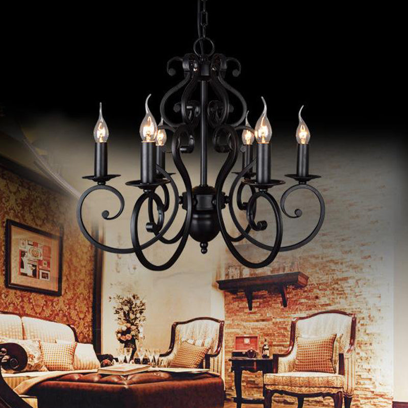 5/6 Lights Metal Pendant Chandelier Classic Black Swirled Arm Living Room Hanging Ceiling Fixture Clearhalo 'Ceiling Lights' 'Chandeliers' Lighting' 2426900