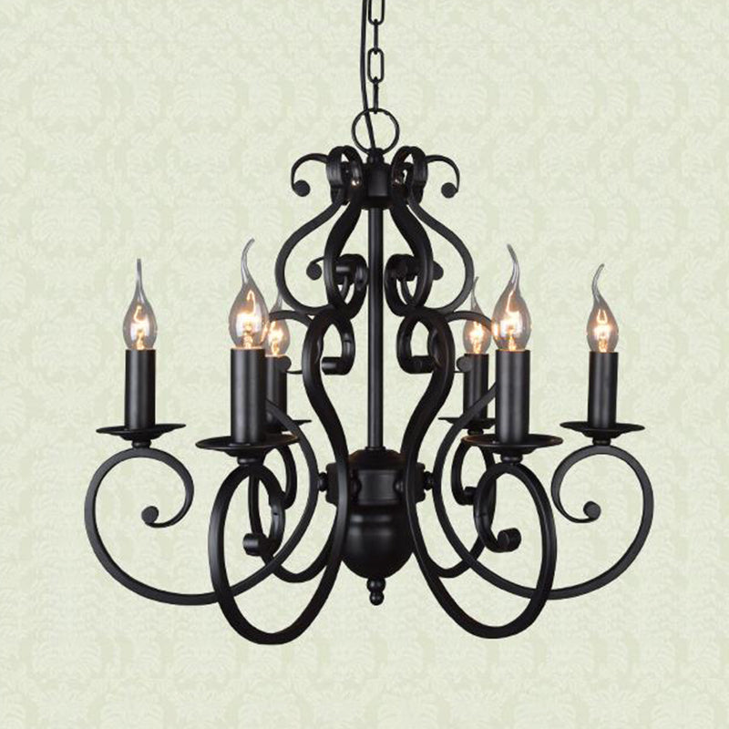 5/6 Lights Metal Pendant Chandelier Classic Black Swirled Arm Living Room Hanging Ceiling Fixture 6 Black Clearhalo 'Ceiling Lights' 'Chandeliers' Lighting' 2426901