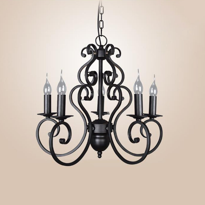 5/6 Lights Metal Pendant Chandelier Classic Black Swirled Arm Living Room Hanging Ceiling Fixture 5 Black Clearhalo 'Ceiling Lights' 'Chandeliers' Lighting' 2426902