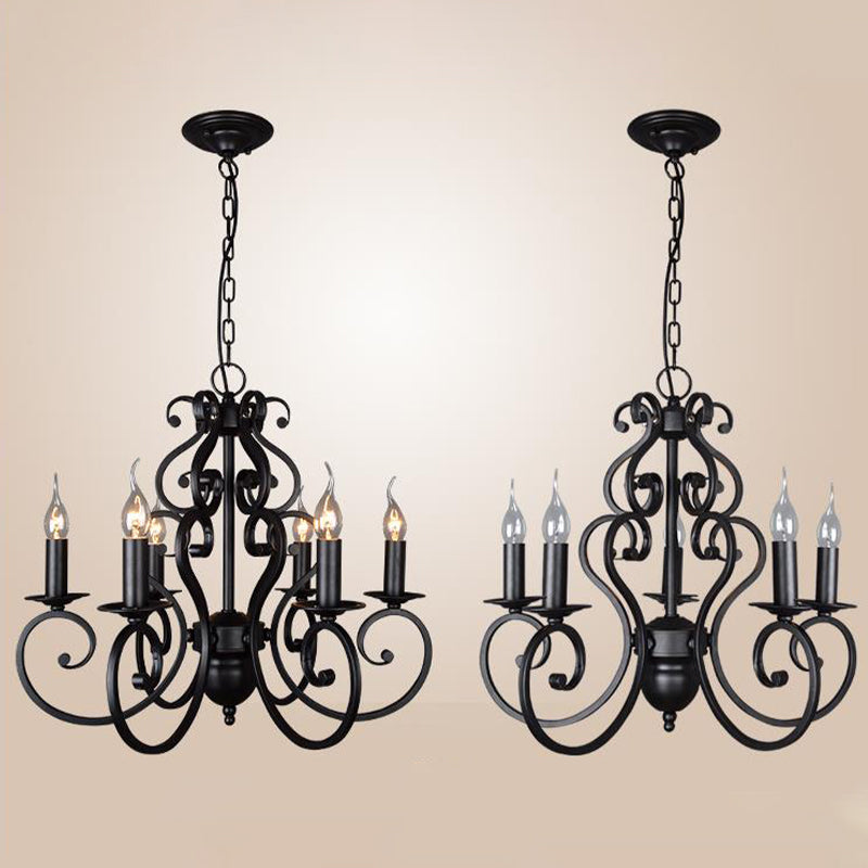 5/6 Lights Metal Pendant Chandelier Classic Black Swirled Arm Living Room Hanging Ceiling Fixture Clearhalo 'Ceiling Lights' 'Chandeliers' Lighting' 2426903